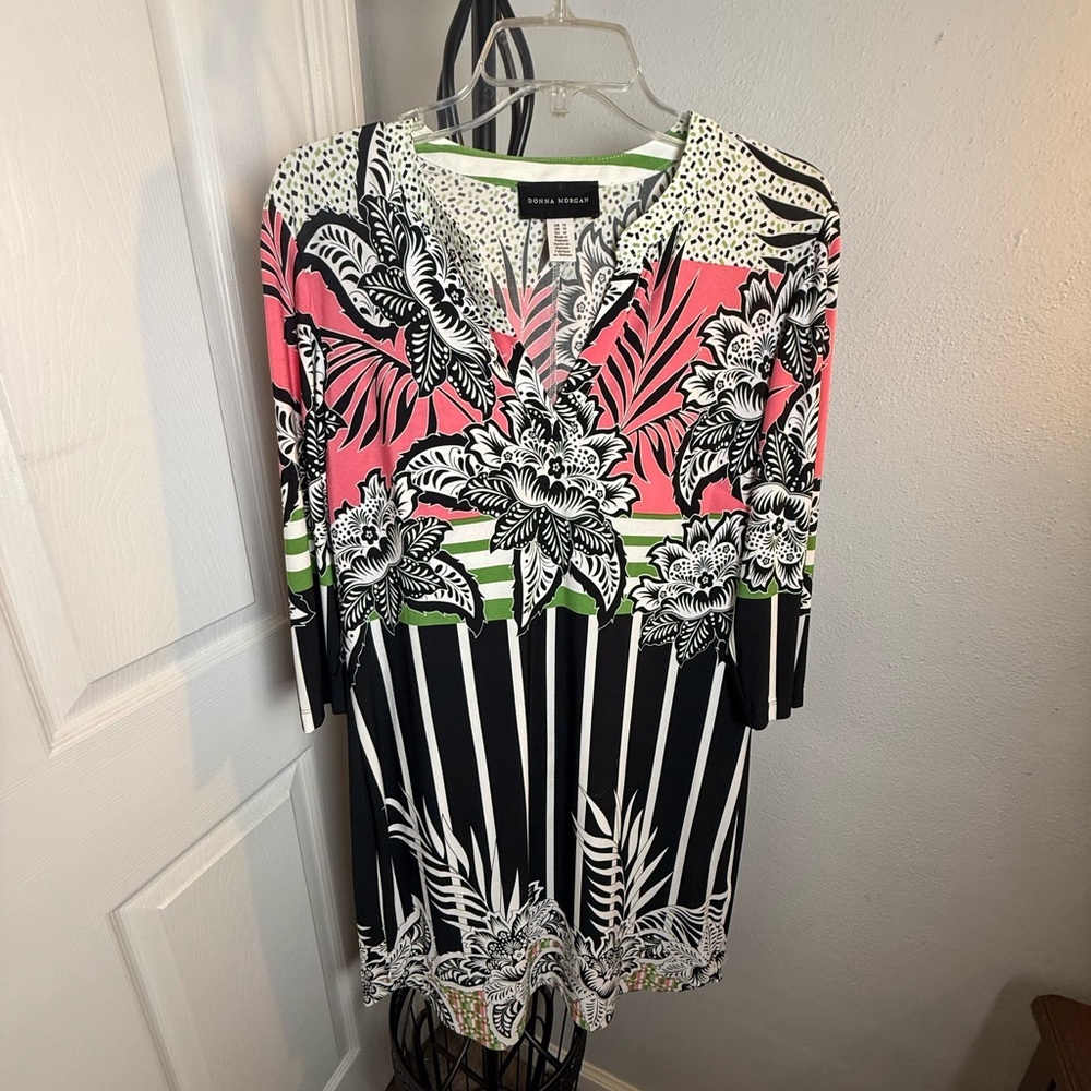 Donna Morgan Floral Print Midi Dress - Pink, Green, Black - Picture 7 of 9
